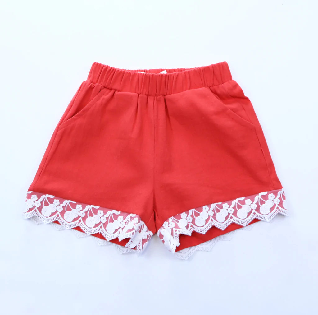 DOE RED Elastic Shorts w/ Cherry Lace Hem