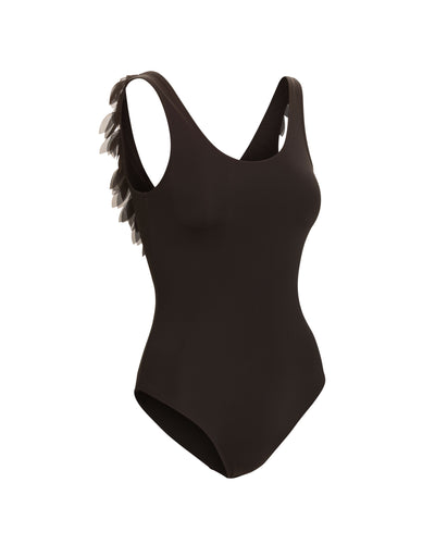 Womens Black Bathing Suit with Chiffon Petals